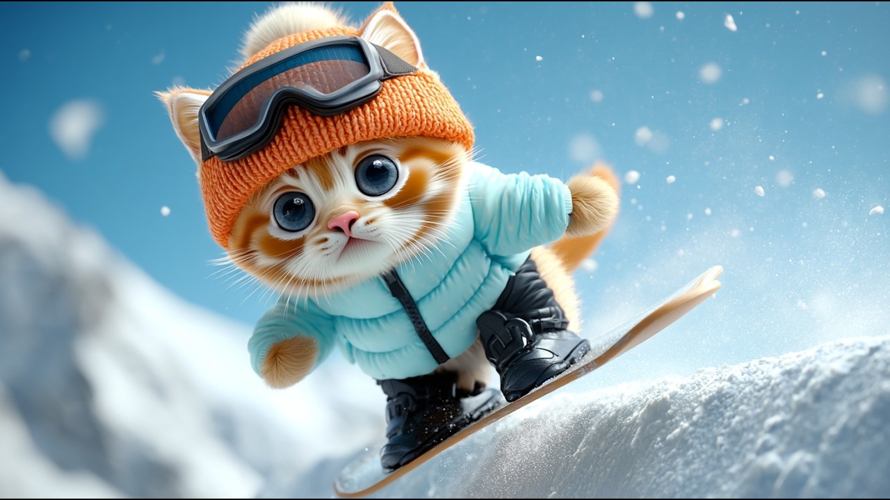 【ムギの挑戦】子猫がスノーボードに乗ってみた【ai猫】