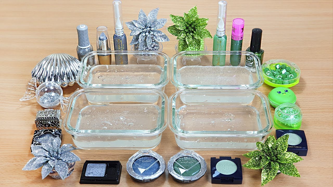 Silver vs Green Slime Mixing makeup Glitter and beads into Clear Slime