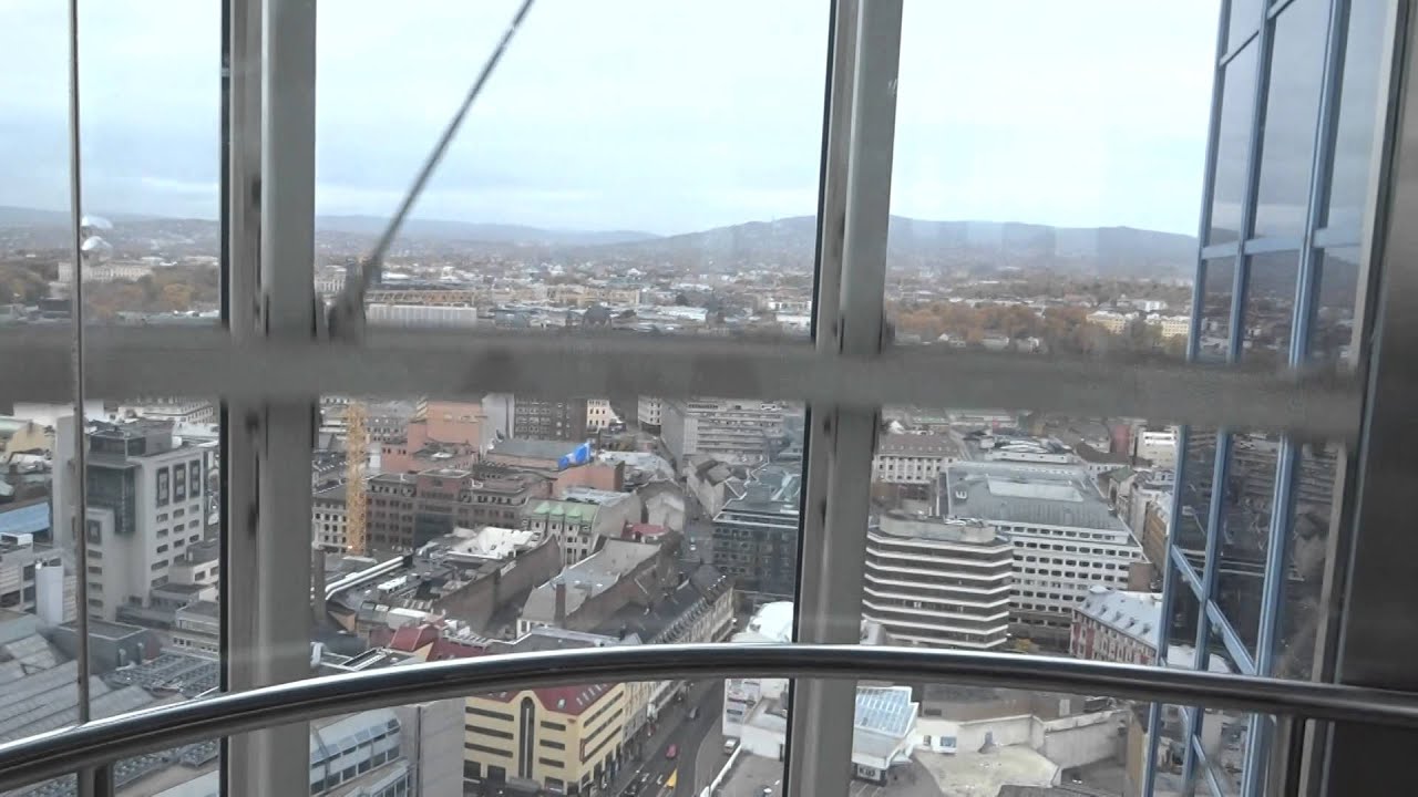 BEAUTIFUL! 1989 KONE M Fast Tr. Outside Scenic Elevator/L(1-34)@Radisson BLU Plaza Hotel,Oslo,Norway