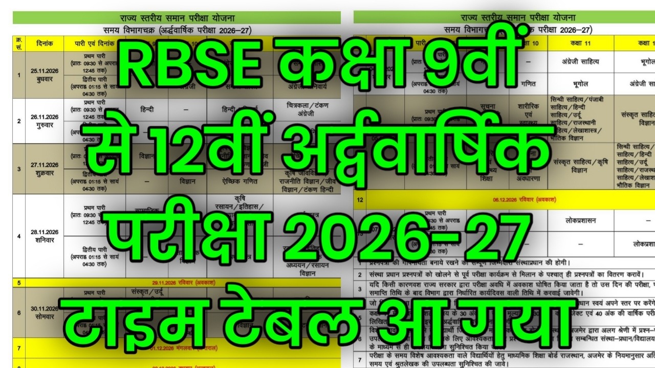 RBSE Half Yearly Exam 2026-27 Time Table ।। RBSE Class 9th to 12th Half Yearly Exam Time Table 2026
