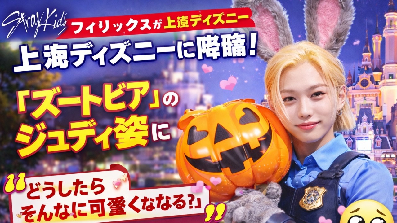 「Stray Kids フィリックス、上海ディズニーでジュディ姿披露！可愛すぎる写真にファン悶絶」#StrayKids, #フィリックスジュディ, #上海ディズニー