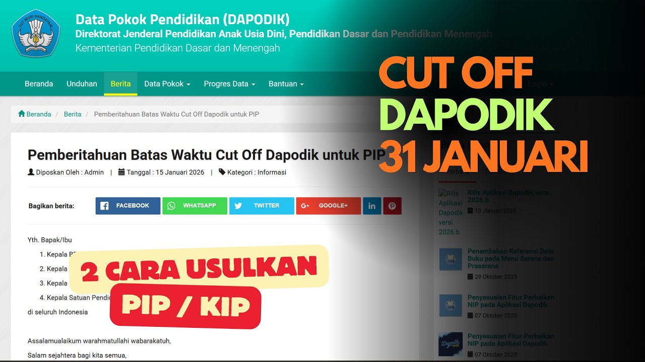 INFO CUT OFF DAPODIK 31 JANUARI 2026 | CARA USULAN PIP FASE 1