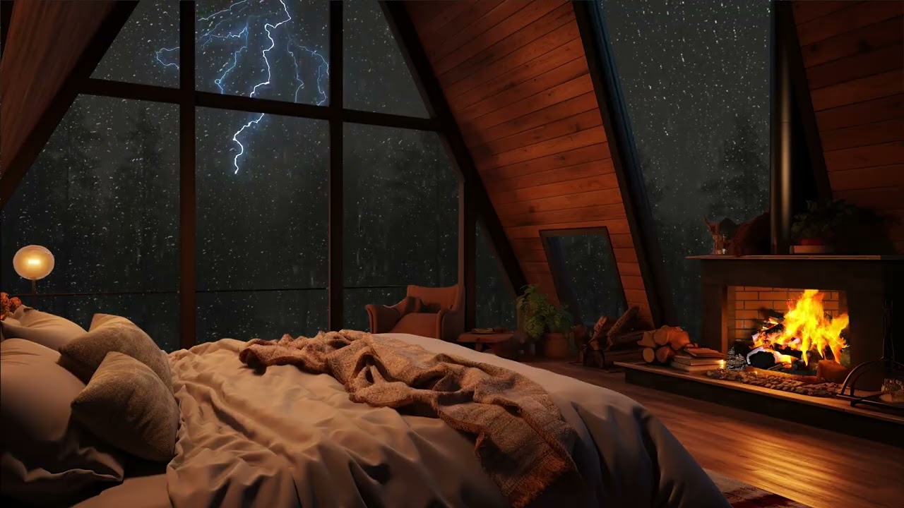 Rain Sounds and Warm Fireplace Ambience in Cozy Cabin for Calm Nights and Deep Sleep