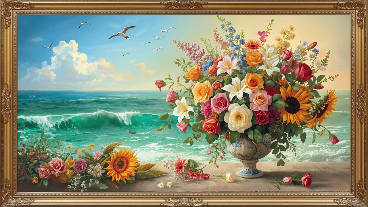 4k Floral Art Screensaver Sea View Framed Tv Art | Flowers By The Sea | Vintage Oil Painting For Tv