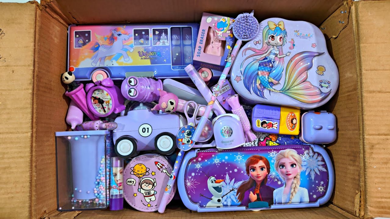 Unboxing Latest Purple Stationery📚, School supplies, Pencil Box, Erasner, Sharpener, Pen, Table lamp