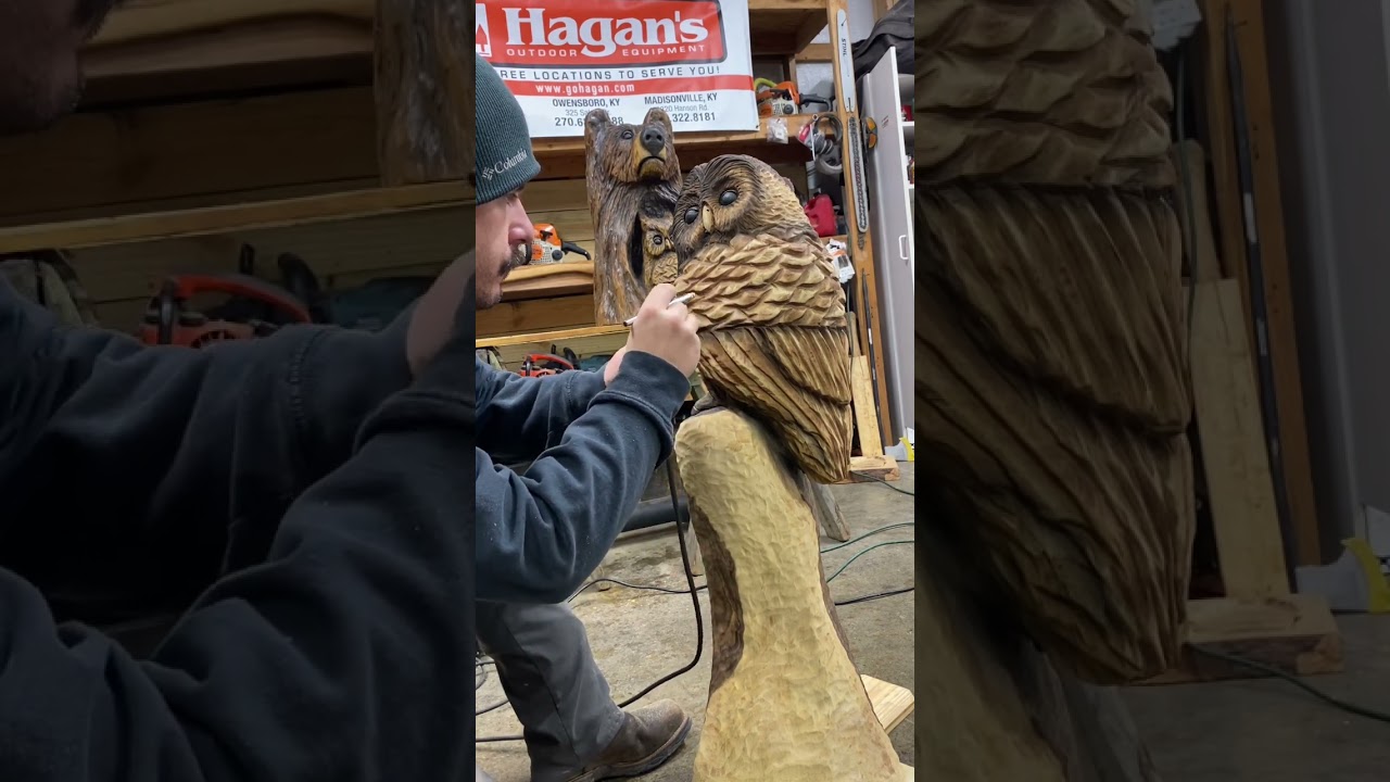 Air brushing a owl carving