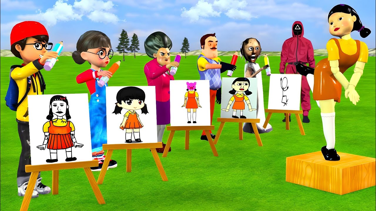 Scary Teacher 3D vs Squid Game - Draw Squid Game Doll Challenge