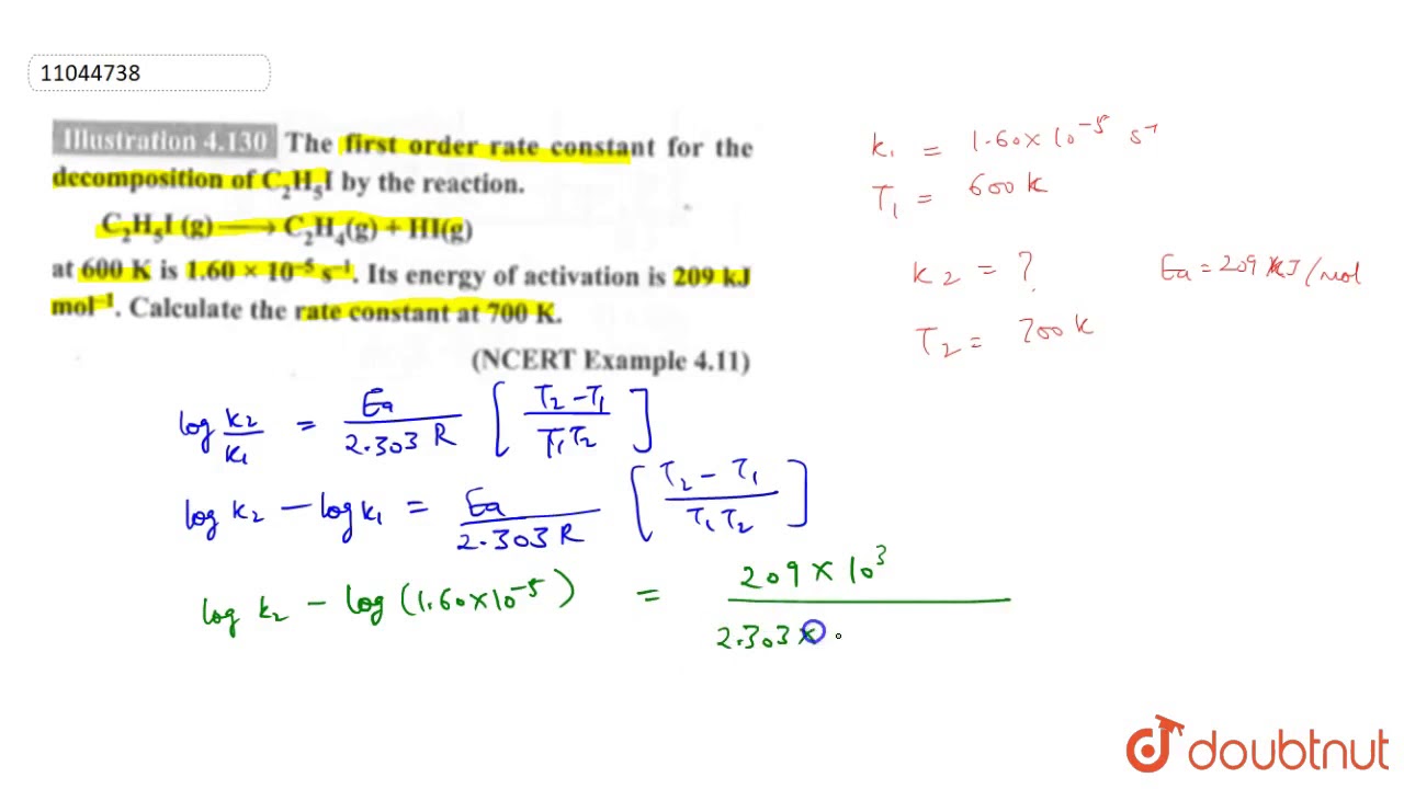 The first order rate constant for the decompoistion of `C_(2)H_(5)I` by the reaction.  `C_(2)H_(5)I