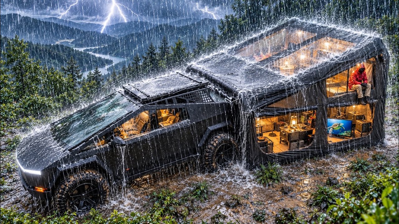 HEAVY RAIN CAMPING ⛈️ I BUILT A TWO-STORY INFLATABLE TENT WITH CYBERTRUCK