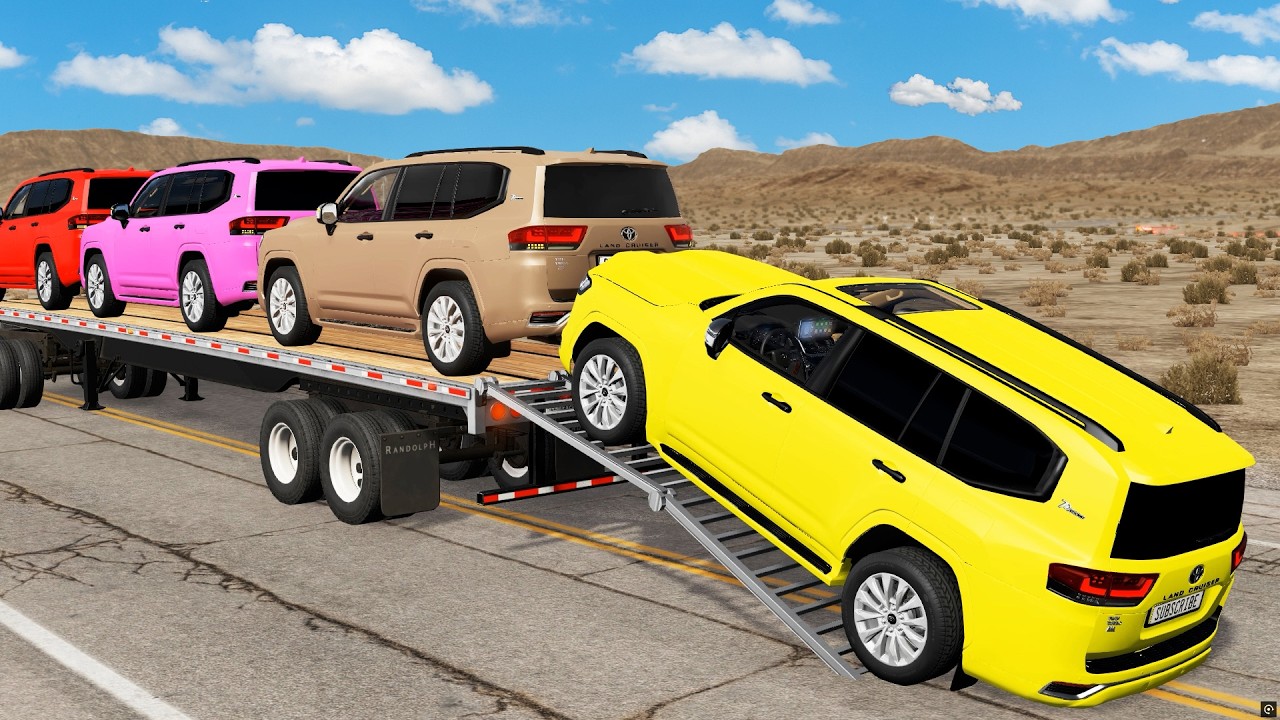 Triple Flatbed Trailer McQueen Transportation with Truck - Speedbumps vs Cars vs Train - BeamNG #17