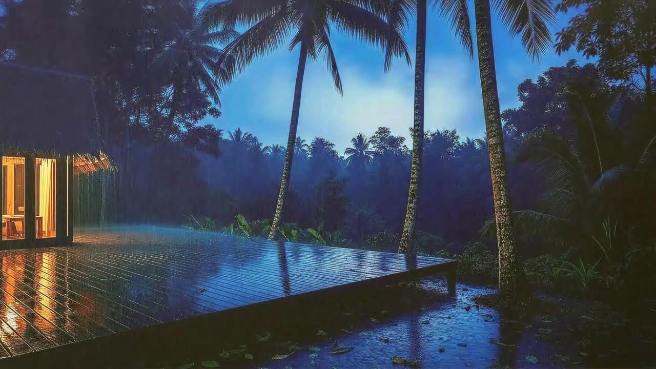 Deep Sleep Tonight with Light Rainfall and Distant Thunder Echo at Forest Cabin Terrace 🌧️