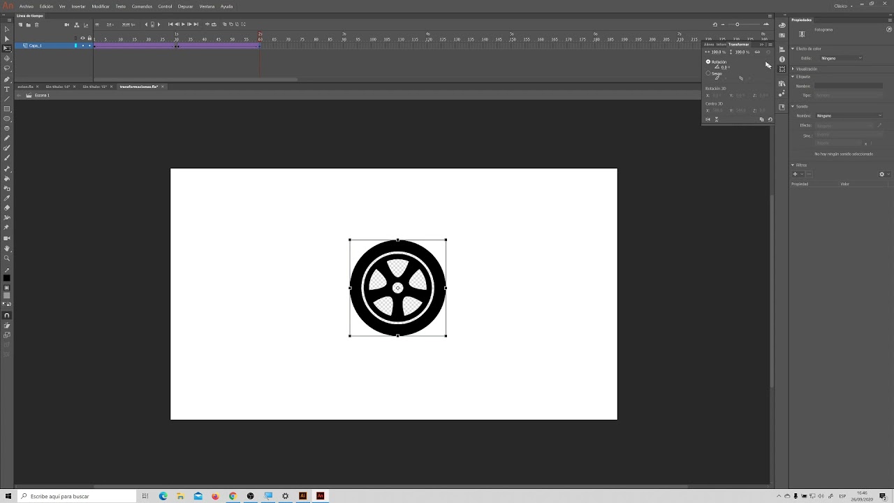 Animación con transformación (Escalar y Rotar) con Adobe Animate