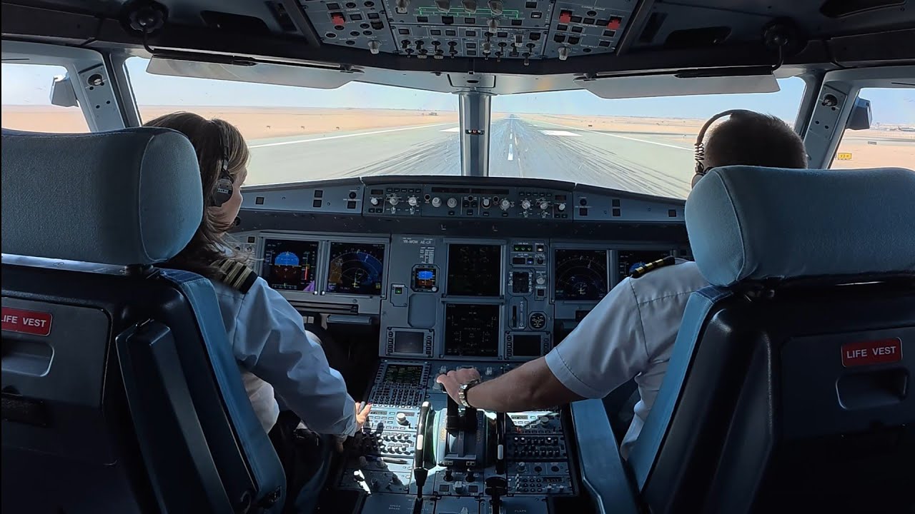Pilot Cockpit View Start Up And Take OFF at Hurghada Airport RWY34L- turbulence - Airbus 321 NEO