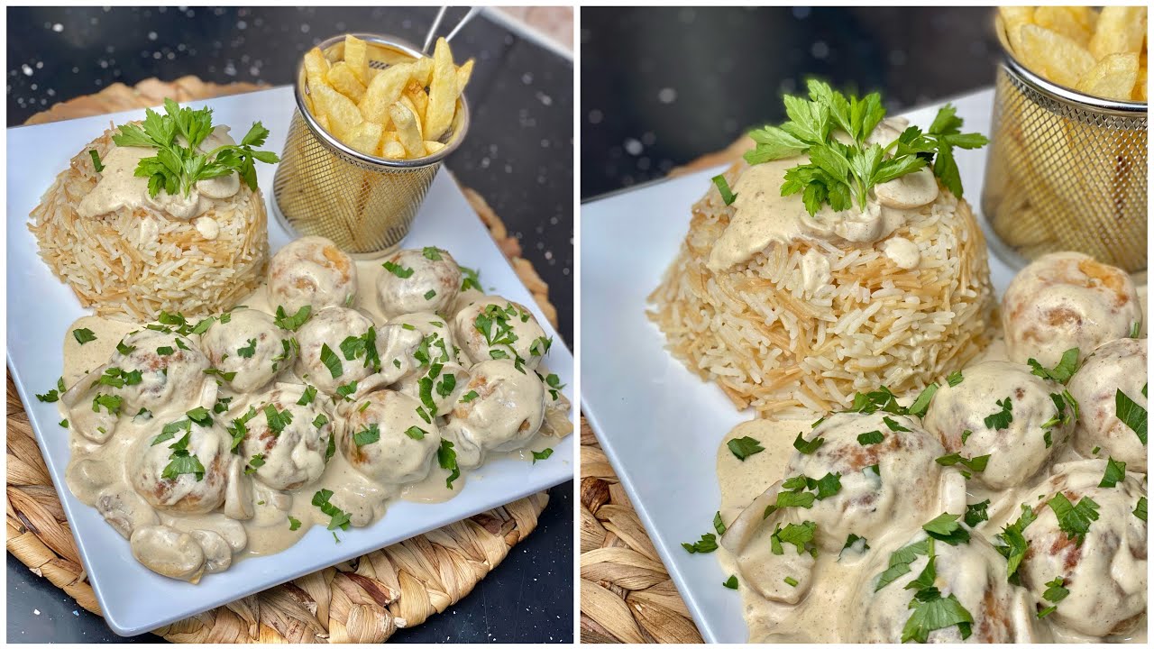 كريات الدجاج بكريمة الفطر قدمتو مع أرز بالشعيرية طبق مطاعم فخم بأقل تكلفة بنننننة 🤤