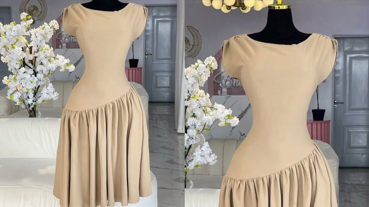 Asymmetric Fitted Dress with Extended Shoulder//Soft Pleats and Gathers | Dart Elimination Method