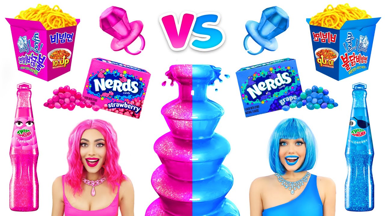 PINK vs BLUE FOOD Challenge! One Color Food for 24 Hours! Mukbang by RATATA CHALLENGE