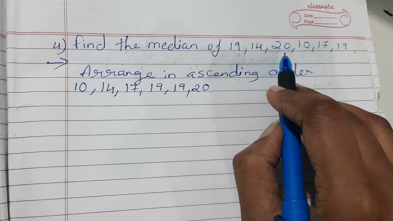 Find the median of 19, 14, 20, 10, 17, 19. | statistics class 9th maths 
