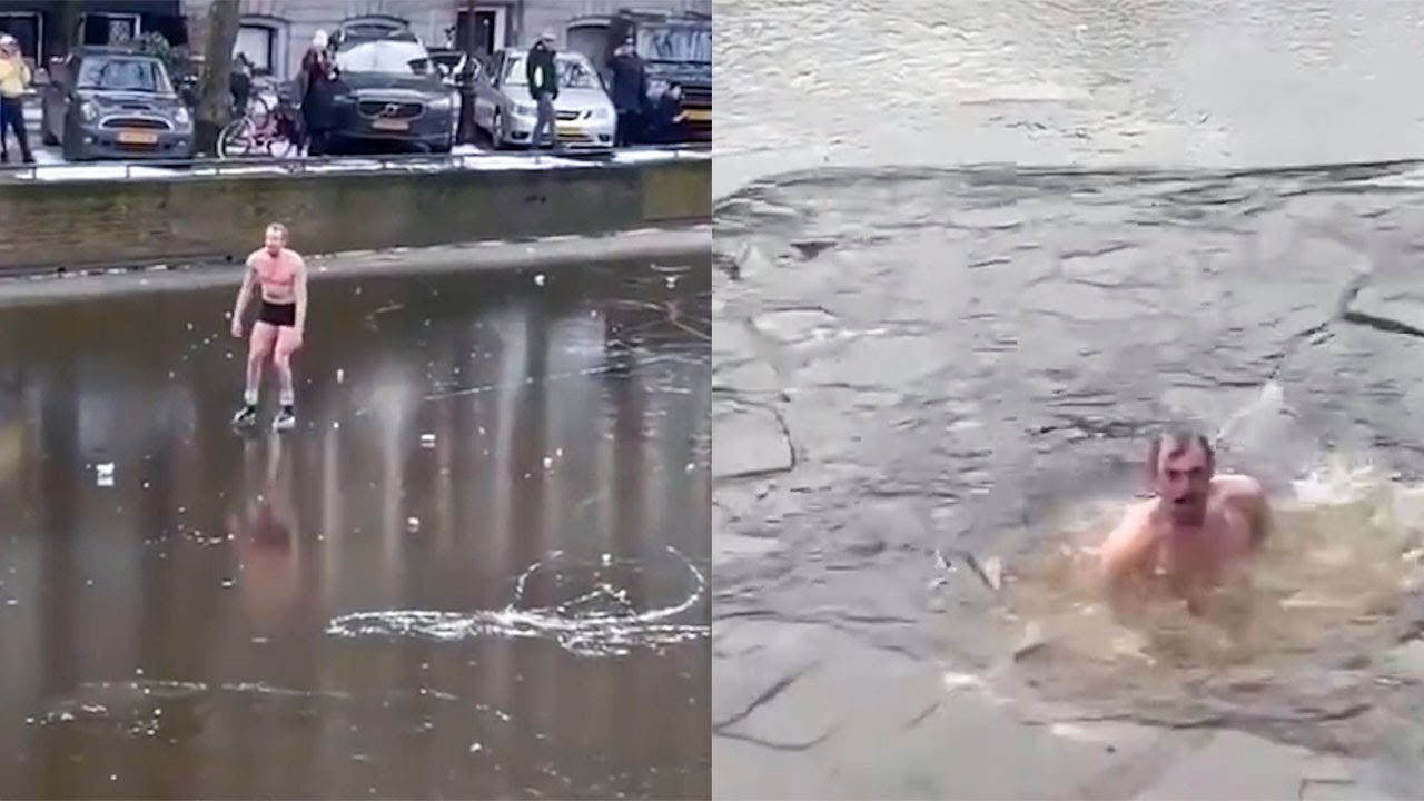Schaatser in Amsterdam belandt in het water!