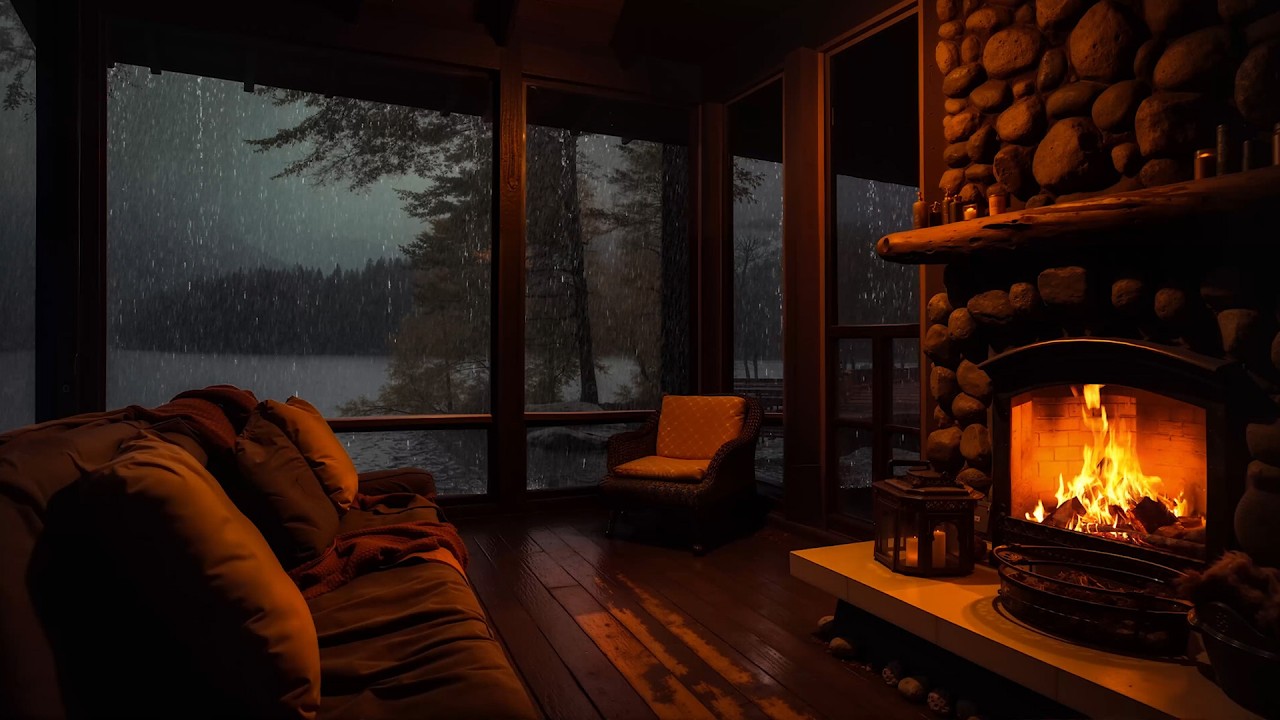 Cozy Cabin Porch with Rain and Fireplace | Slow Rainy Night Ambience for Rest