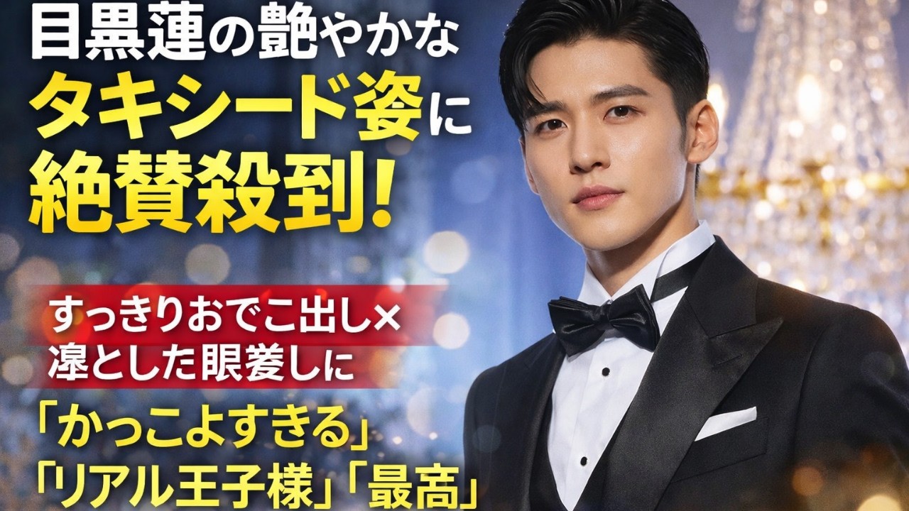 「目黒蓮 タキシード姿で魅せる！おでこ出し×凛々しい眼差しに『かっこよすぎる』『リアル王子様』と話題」#目黒蓮, #SnowMan, #タキシード姿