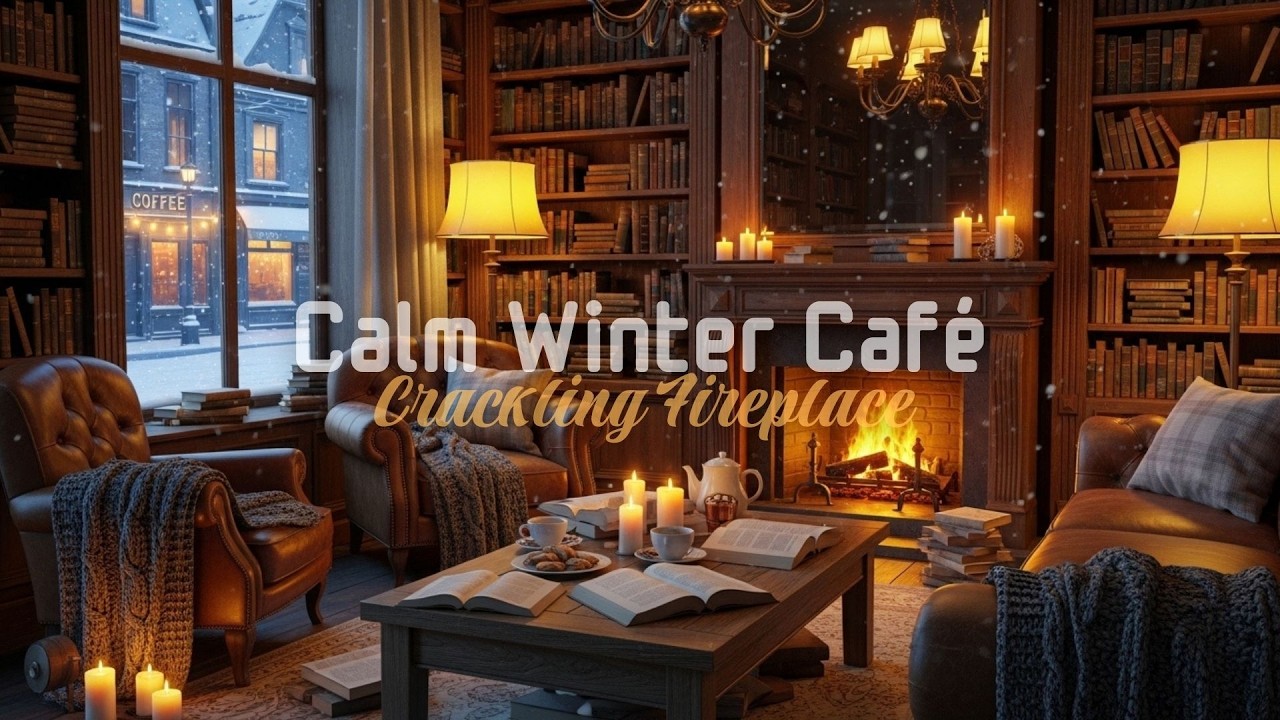 Winter Café Ambience ❄️🔥 | Cozy Fireplace Jazz & Snowy Evening Vibes