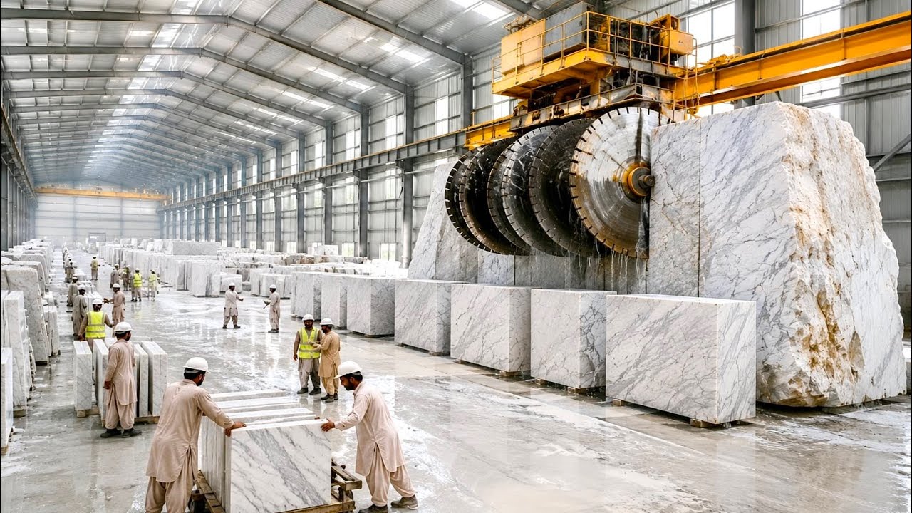 Marble Block Cutting Process | Giant Stone Transformed into Premium Marble Slabs 