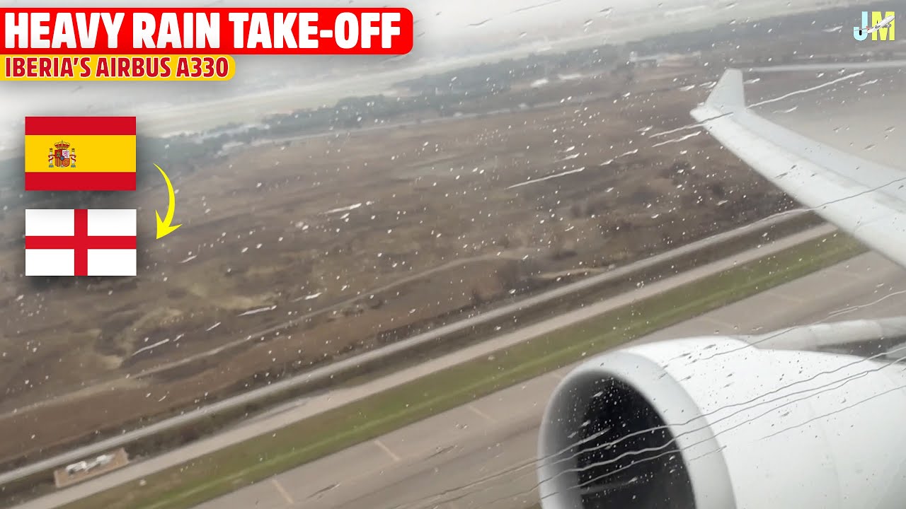 HEAVY RAIN Take-Off from Madrid's Barajas Airport on Iberia's Airbus A330