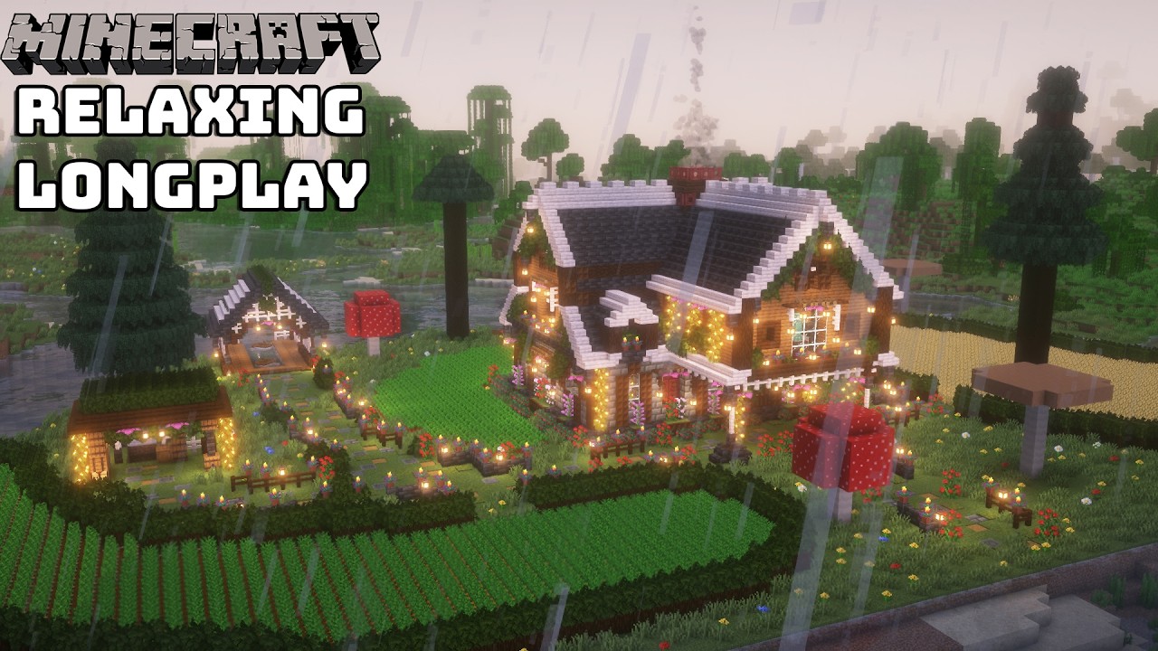 Minecraft Relaxing Longplay - Rainy Day Cozy Build Starter House - Cozy Cottage House No Commentary