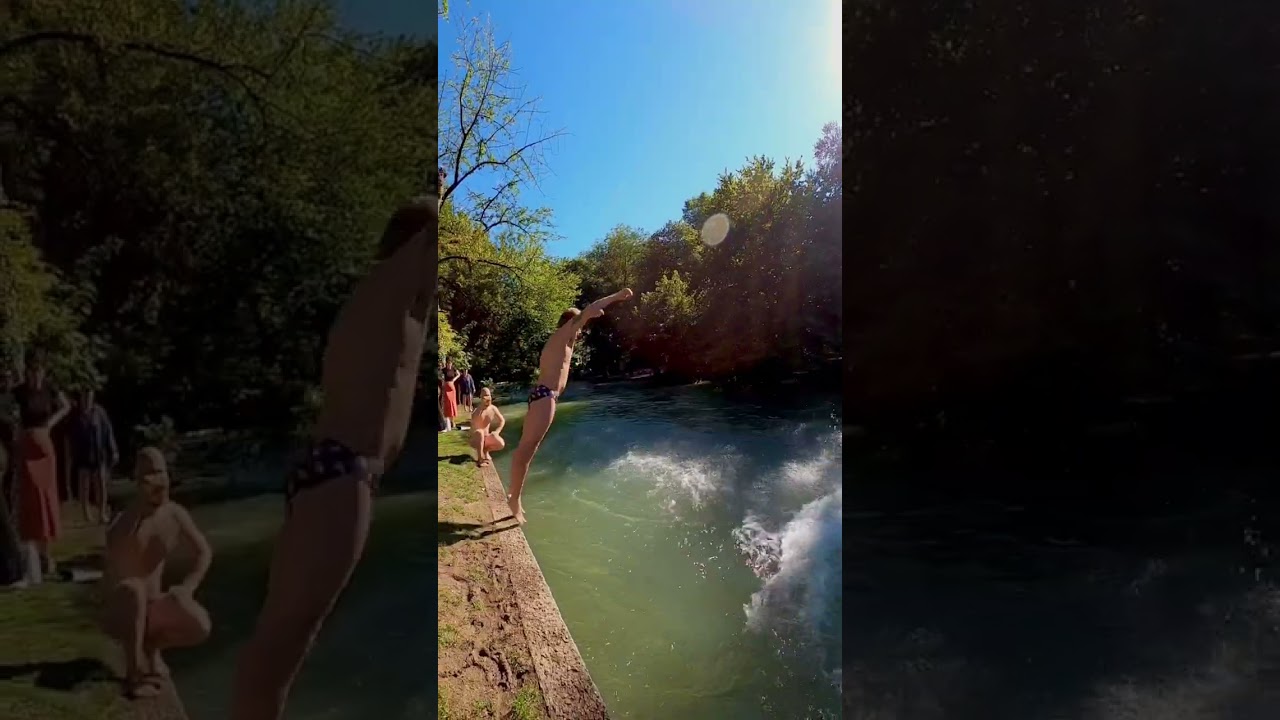 Friends are bellyflopping into the Eisbach in Germany!