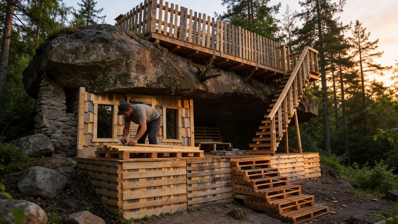 Building a Hidden Survival Camp from Scrap Pallets Under a Giant Rock | Full Process