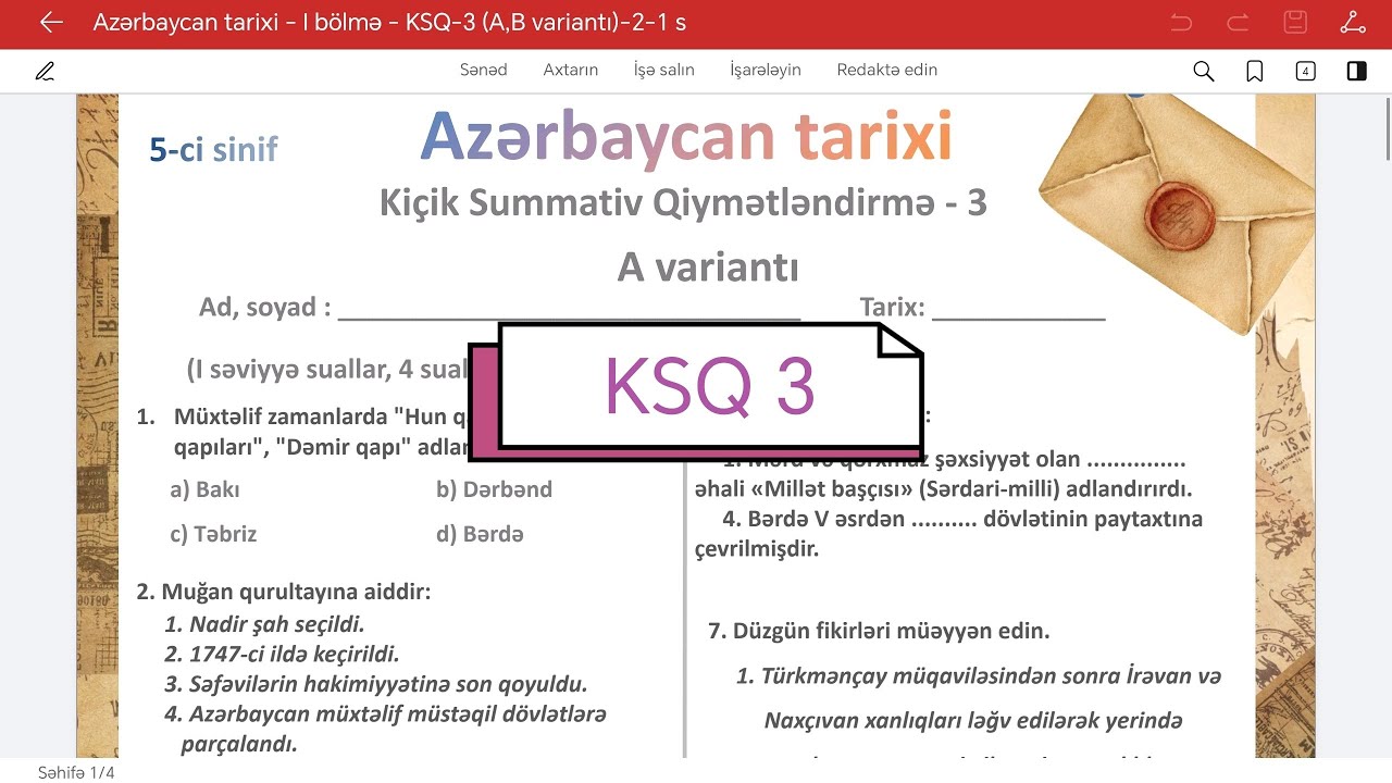 5ci sinif Azərbaycan tarixi kiçik summativ 3 #5cisinif #ksq2 #ksq3 #tarixsummativ