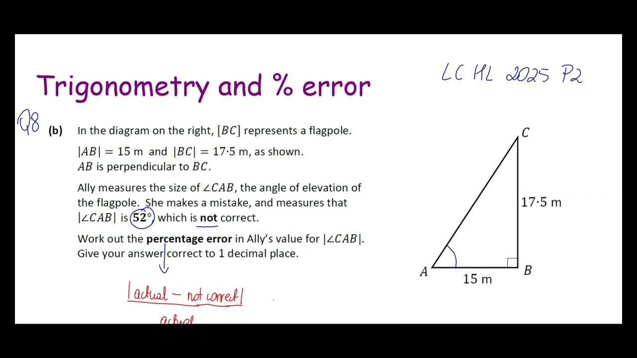 Leaving Cert Higher Level Maths 2025 Paper 2 Question 8 - Trigonometry and Percentage Error Tutorial
