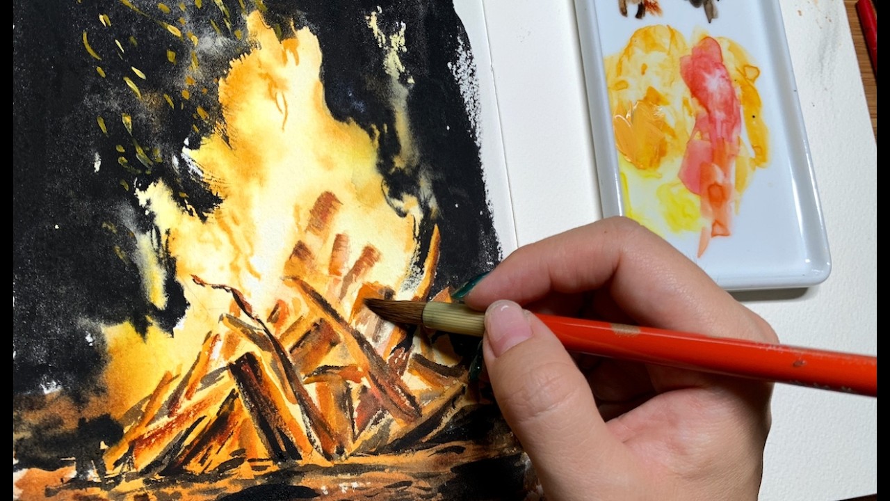 Simple Watercolor Campfire Tutorial in REAL TIME easy watercolour demonstration for beginners