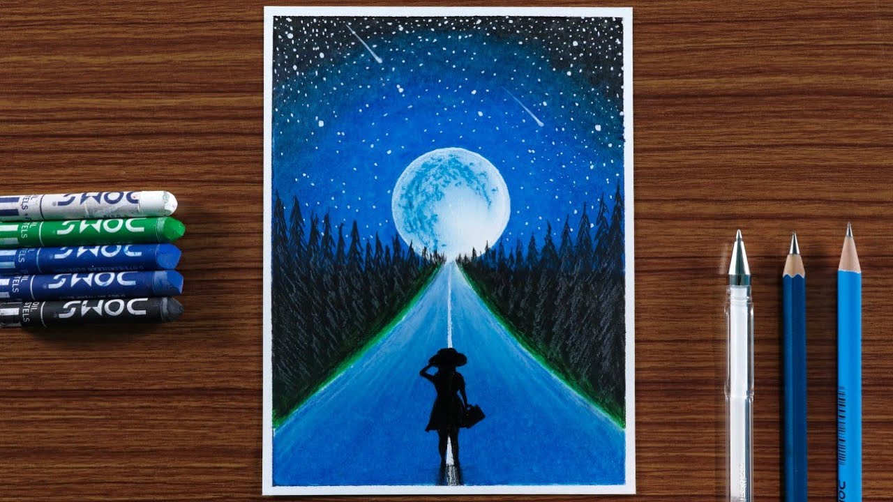 How to Draw scenery of a Girl on Road in Moonlight Night with Oil Pastels - step by step