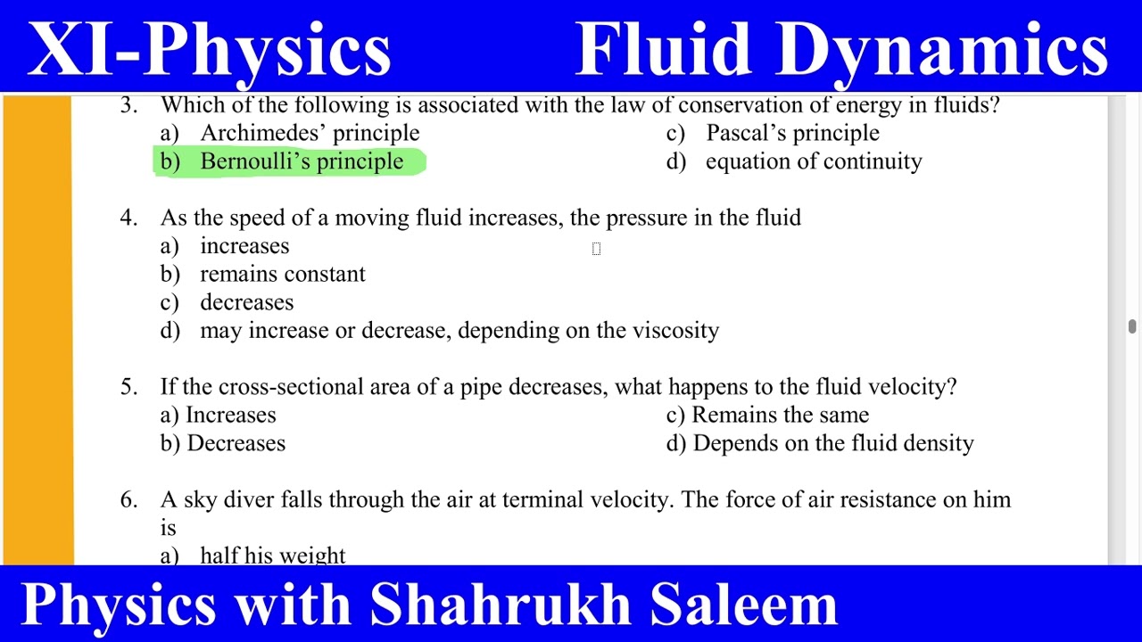 Fluid Dynamics Book Mcqs Solved | Class 11 Physics Sindh Board New Book