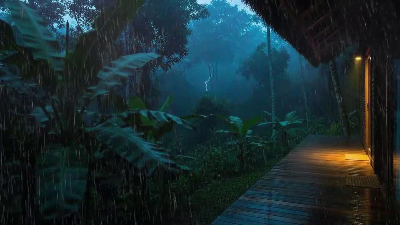 Fall Asleep Fast with Gentle Rainfall and Low Storm at Wooden Cabin Terrace 🌧️