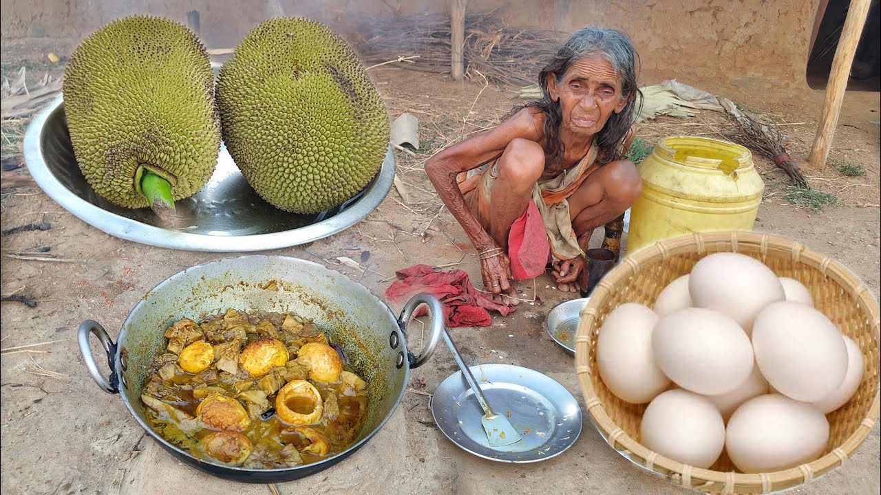 90 year old Poor widow grandma Cooking JACKFRUIT with EGG CURRY|how to cook and eat|Village kitchen