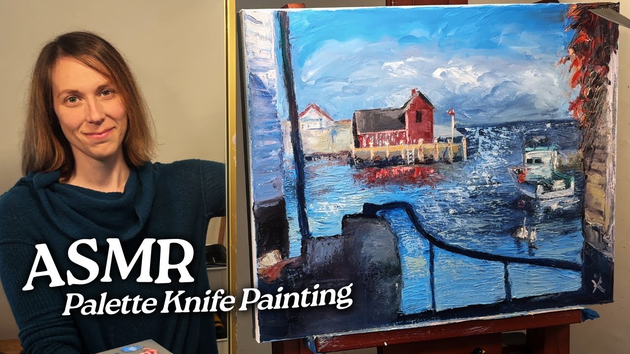 ASMR Palette Knife Painting: Autumn Harbor with Lobster Boat (Soft Spoken, 3 Hours)