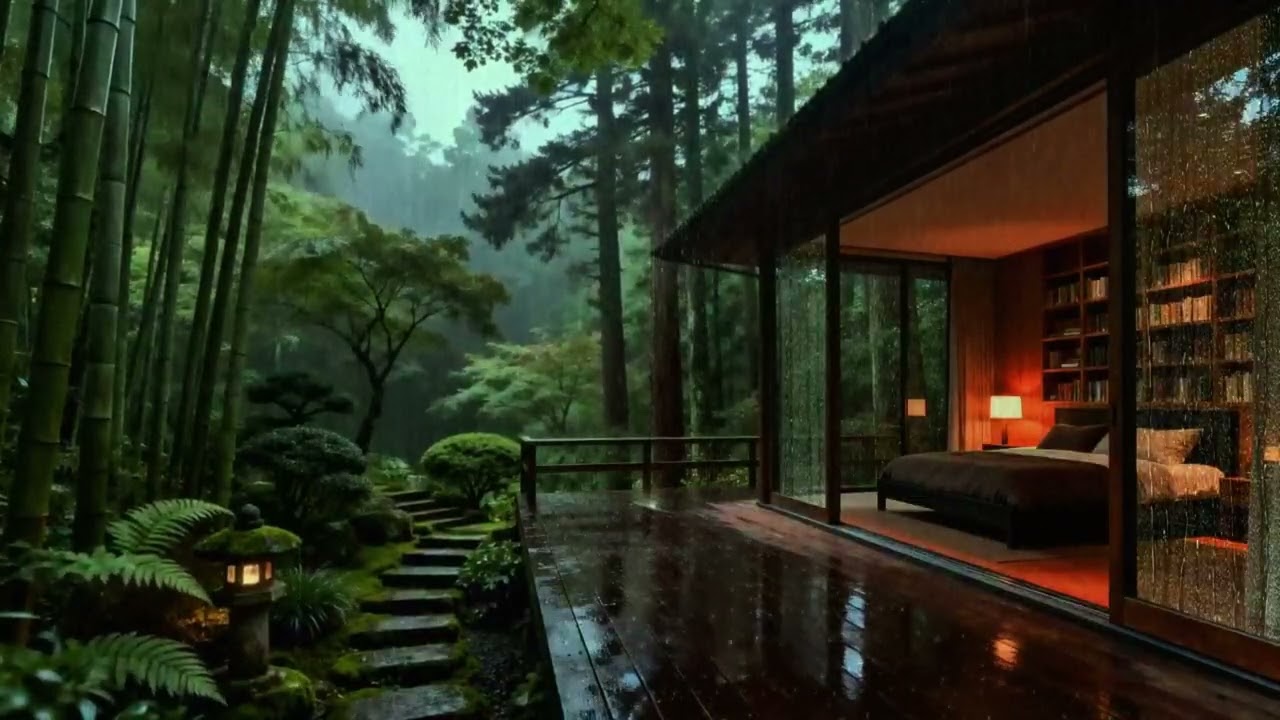 Japanese Bamboo Rain 🌧️ Cozy Glass Cabin Sleep Ambience