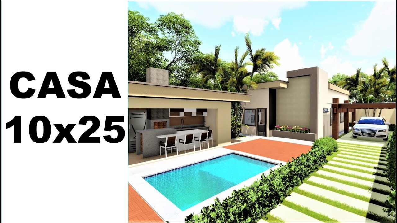 Planta de Casa 10x25 com Piscina - Compre o Projeto na Descrição - P325