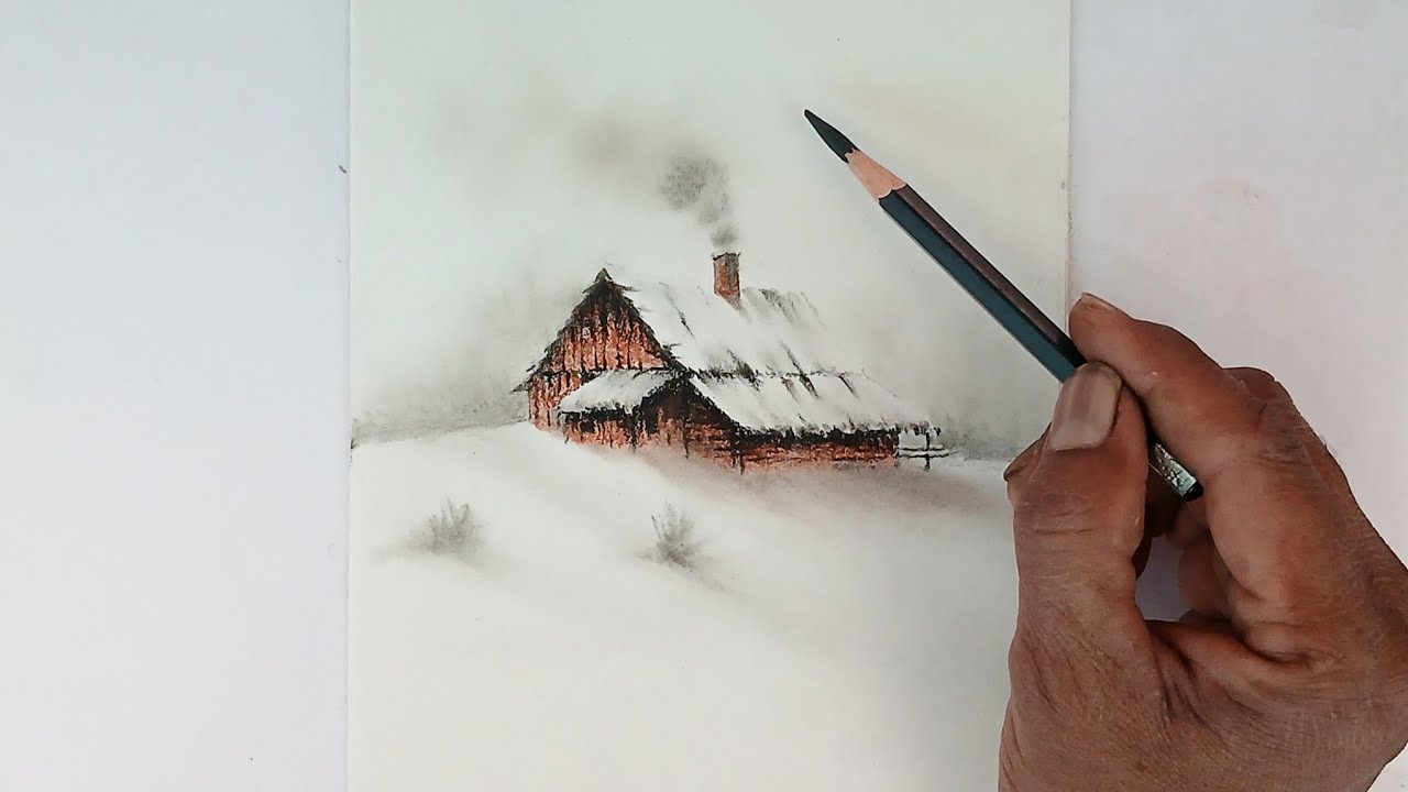 A barn drawing by pencil and pastels.