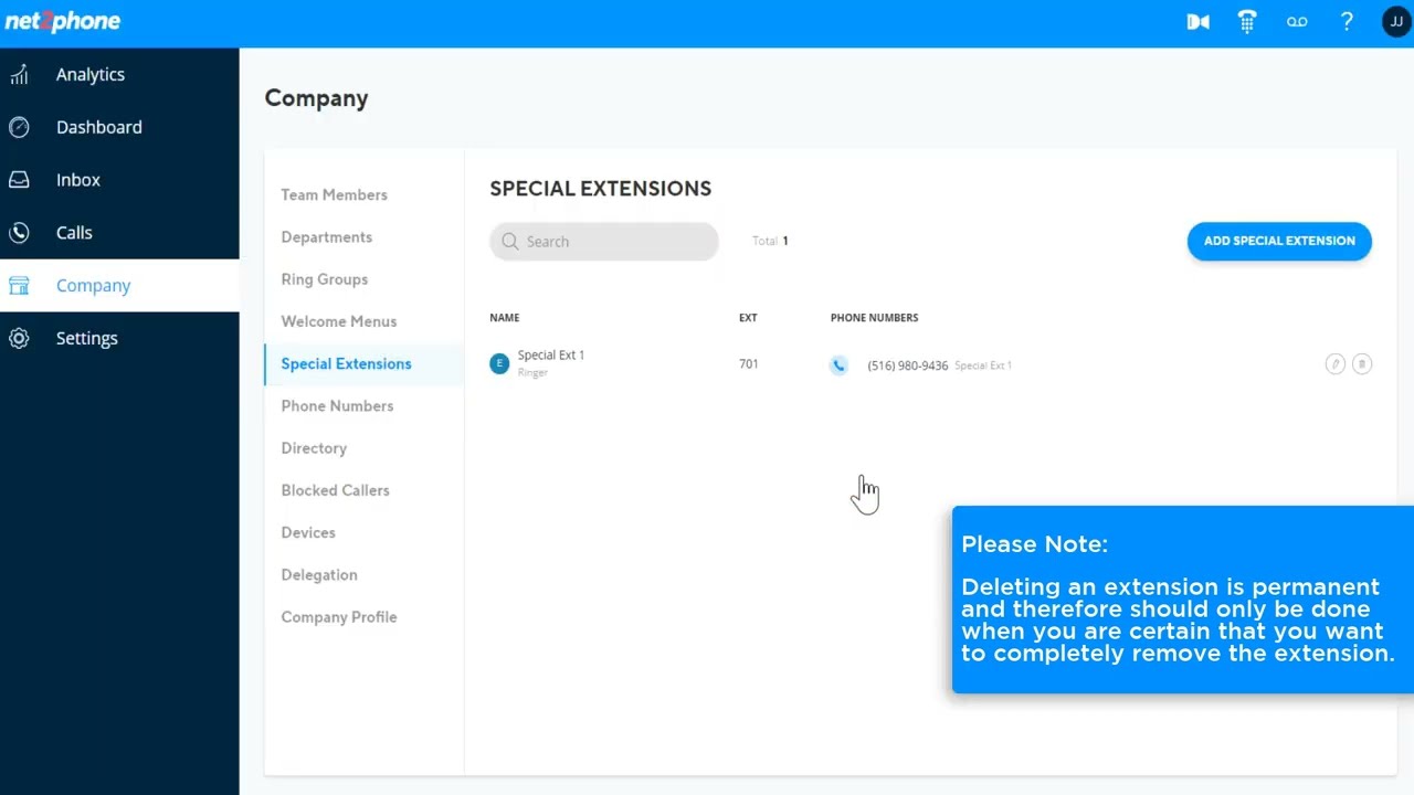 Net2Phone Admin Portal: Special Extensions