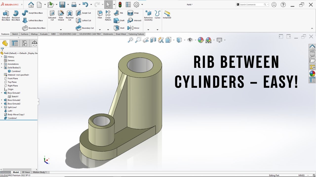 Урок по функции Рёбер в SolidWorks – Легко соедините два цилиндра