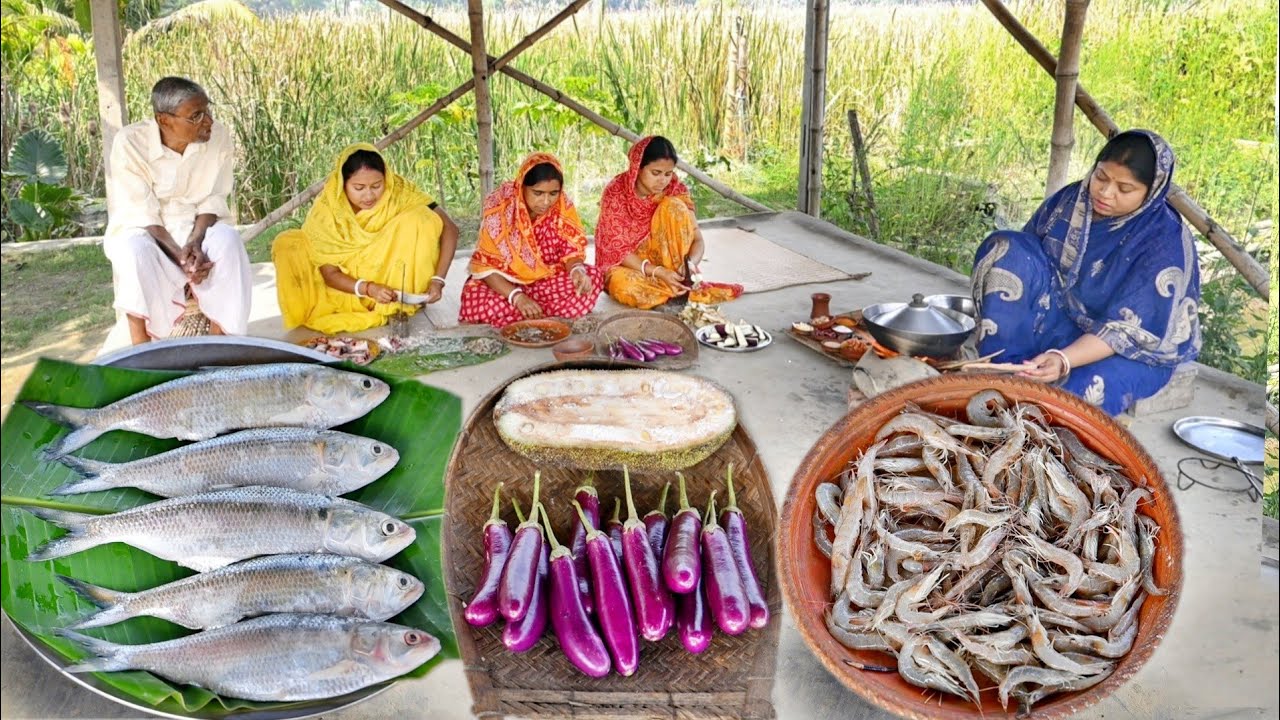 ছোট বেগুন দিয়ে ইলিশমাছ রান্না সাথে চিংড়ি মাছ দিয়ে এঁচোড় কোপ্তা এই হলো আজ দুপুরের মেনু