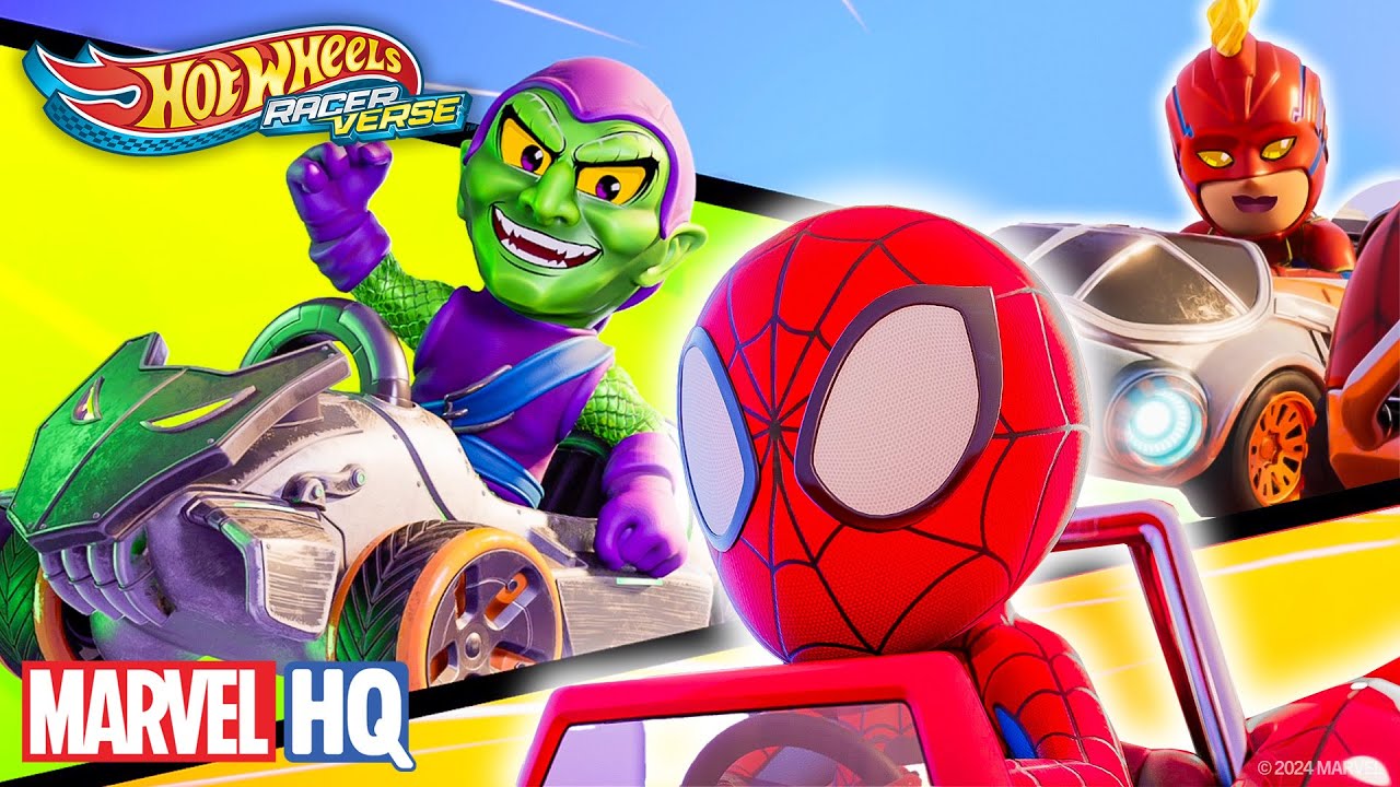Os carros do Homem-Aranha e Capitã Marvel vs carro do Duende Verde! Hot Wheels Racer Verse