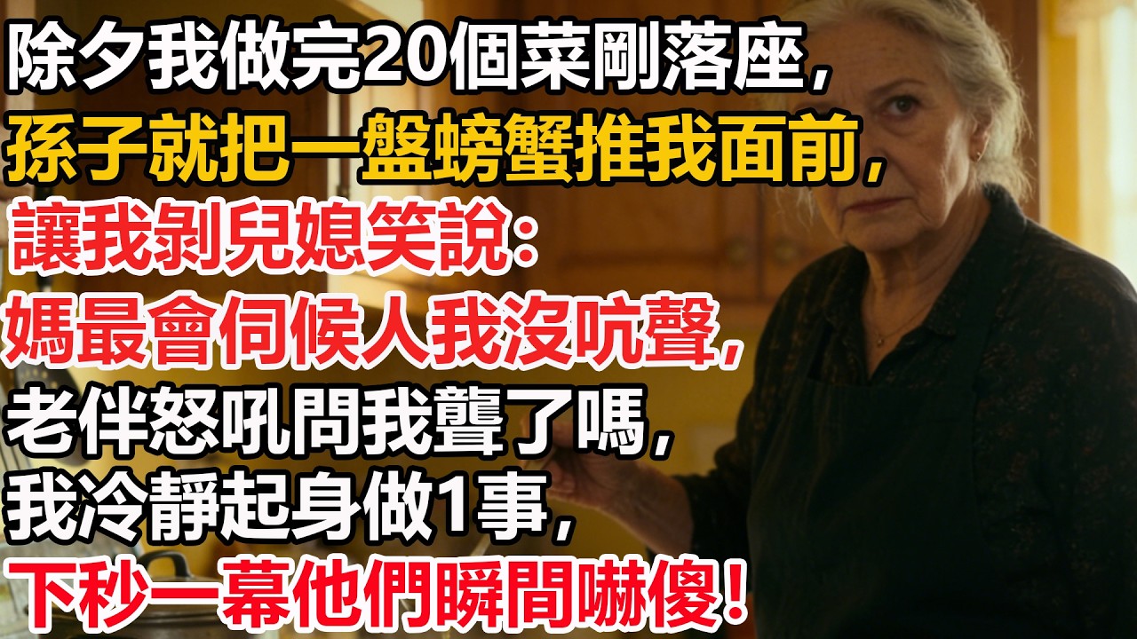 除夕我做完20個菜剛落座，孫子就把一盤螃蟹推我面前，讓我剝兒媳笑說：媽最會伺候人我沒吭聲，老伴怒吼問我聾了嗎，我冷靜起身做1事，下秒一幕他們瞬間嚇傻！