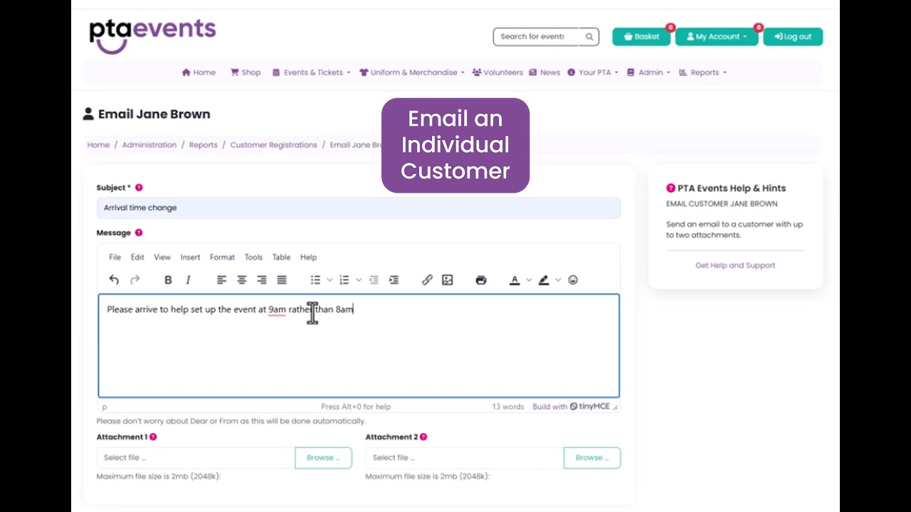 PTA Events Tutorials - How do I send an email to an individual customer
