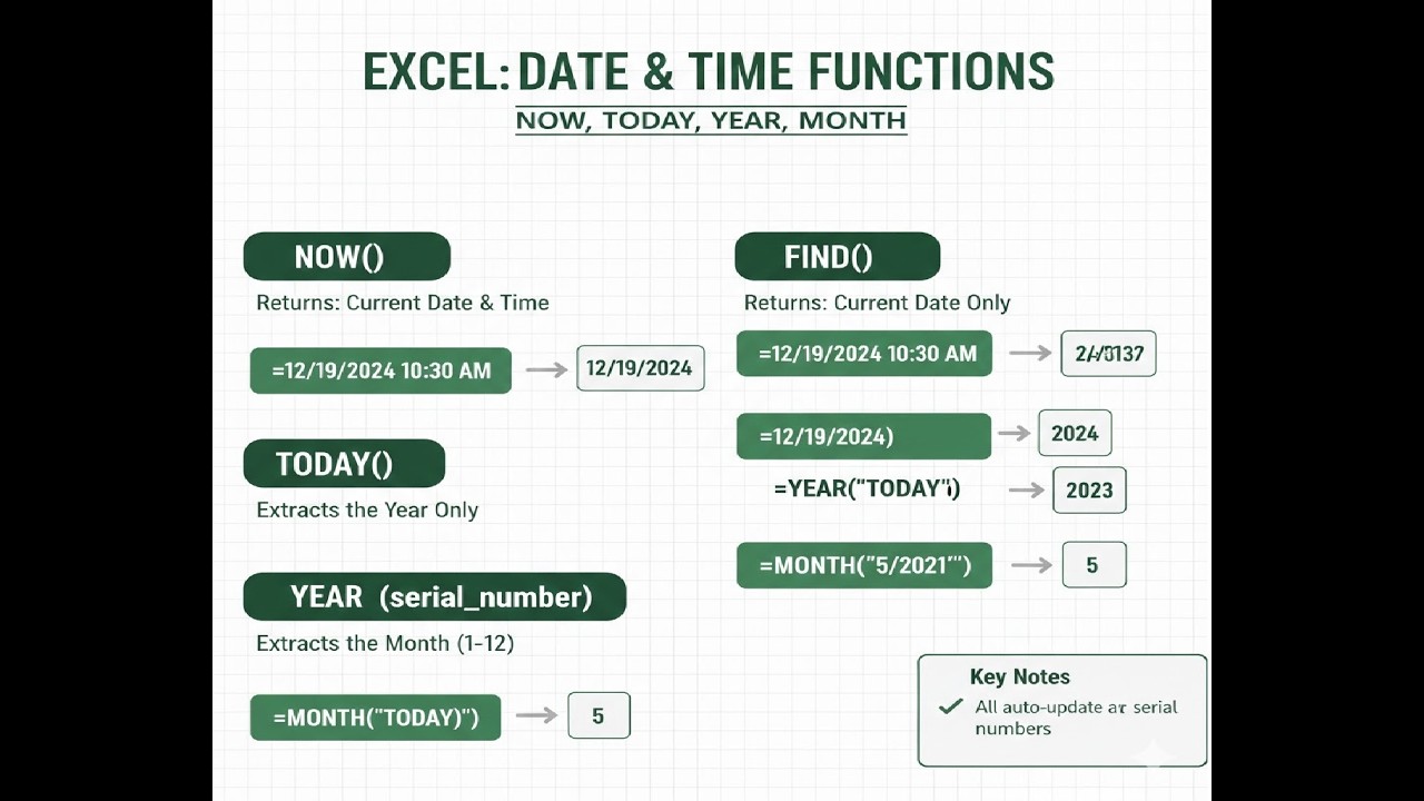 NOW, TODAY, YEAR & MONTH Formula in Excel