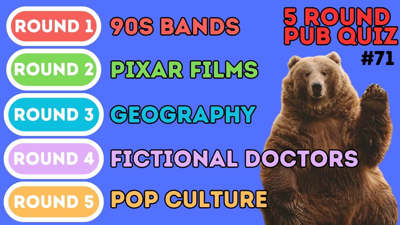 5 Round Pub Quiz | 90s Bands, Geography, Pop Culture, Disney Pixar Movies & Fictional Doctors (71)