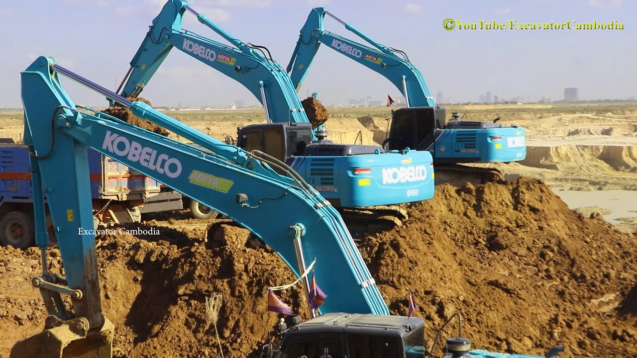 Amazing Kobelco Sk 260 Lc Excavator Digging Loading Dump Trucks.